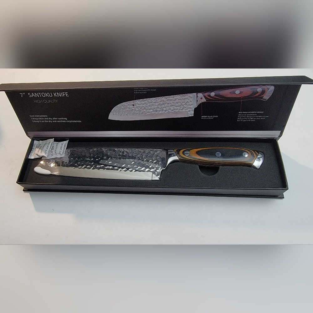 7″ Santoku Chef Knife with Red Pakka Wood Handle Damascus Steel